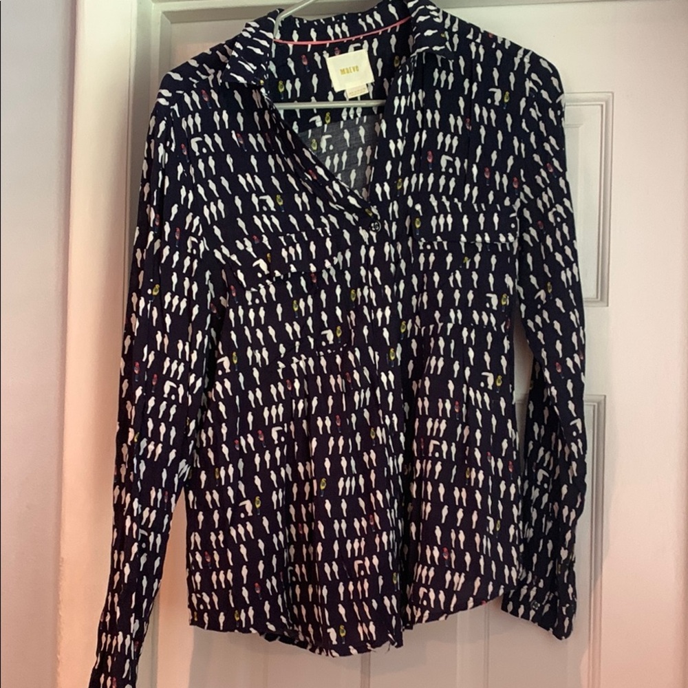 Maeve White and Blue Long Sleeve Notched Collar Blouse
